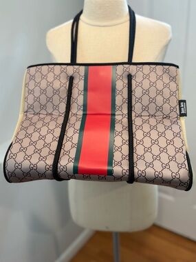 Gucci Beige GG Supreme Tote with Red and Green Center Stripe and Black Trim